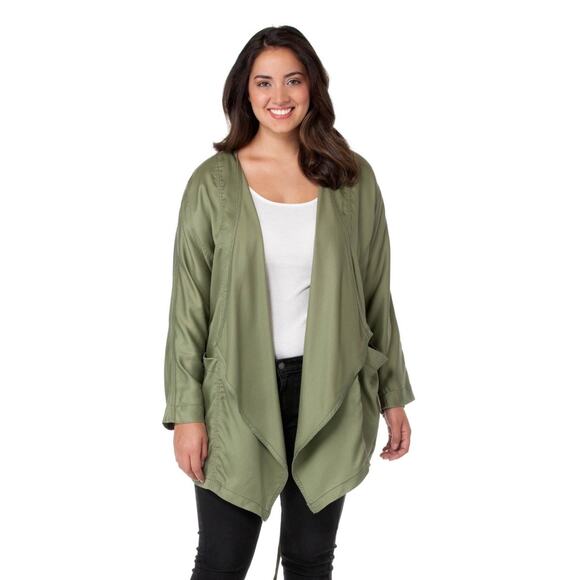 Jessica Simpson Finn Embroidered Draped Trench Jacket in Olive Green Size 1X - Picture 2 of 15